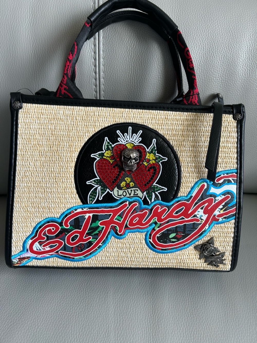 Ed Hardy Straw Tote Bag Hearts Skull Tattoo Y2K Summer Beach Shoulder Purse - Picture 6 of 10
